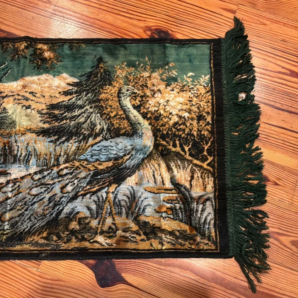 VTG Velvet Peacock Tapestry Wall Hanging Forest Landscape Fringed Whimsigoth EUC